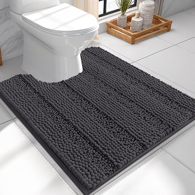 OLANLY Thick Toilet Rugs U-Shaped 24x20, Extra Soft Absorbent Chenille Striped Contour Bathroom Rugs for Toilet, Dry Quickly, Machine Washable, Non-Slip Bath Mat, Dark Grey