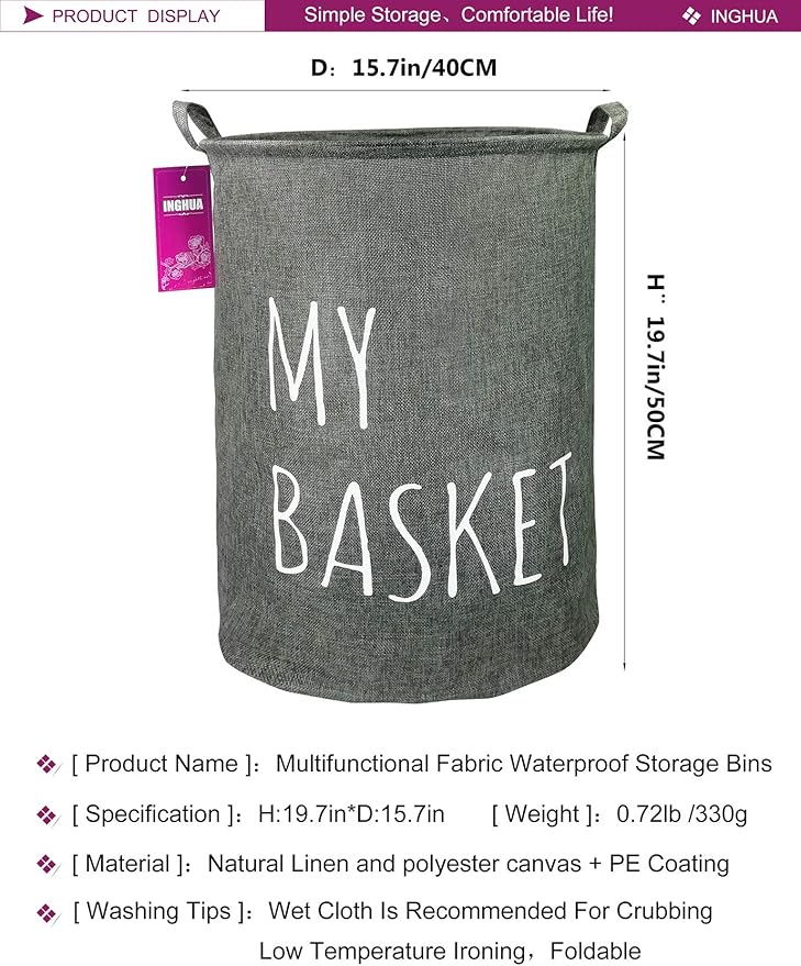 Laundry Hamper Large Canvas Fabric Lightweight Storage Basket/Toy Organizer/Dirty Clothes Collapsible Waterproof for College Dorms, Boys and Girls Bedroom,Bathroom(grey basket)