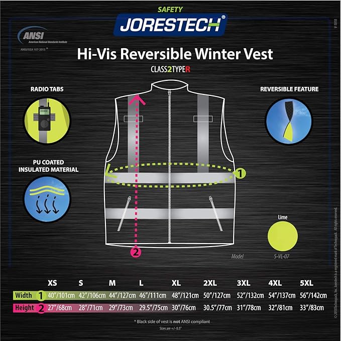 JORESTECH High Visibility Reversible Insulated Safety Vest with ANSI Compliant Reflective Tape Bodywarmer