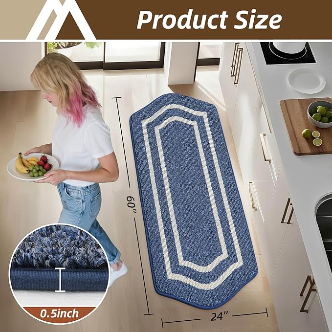 COSY HOMEER Long Kitchen Floor Mats for in Front of Sink Super Absorbent Kitchen Rugs and Mats 24"x59" Non-Skid Kitchen Mat Standing Mat Washable,Polypropylene,Blue,Frame