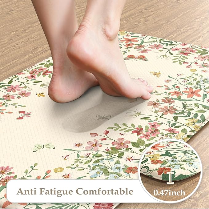KIMODE Anti Fatigue Mats for Kitchen Floor, Farmhouse Kitchen Rugs Sets of 2, Non Slip Kitchen Mats for Floor, Cushioned Standing Mat for Sink Laundry Office Desk Beige 17"x59"+17"x29"