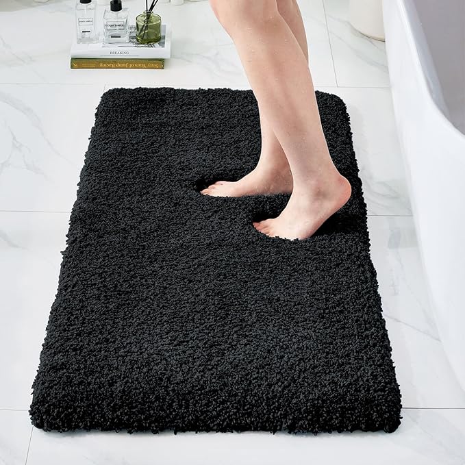 Bathroom Rugs 59x24, Ultra Thick Shaggy Soft Microfiber Absorbent Bath Rug, High Density Foam Latex Non Slip Backing, Machine Washable Bath Mats for Bathroom Floor & Sink, Black