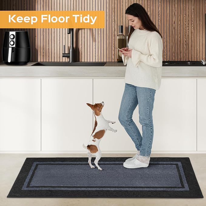 Kitchen Rugs 24" x 84", Non-Slip Machine Washable Kitchen Runner Rugs Floor Mats, Absorbent Comfort Standing Mats for Kitchen, Sink, Laundry and Hallway, Rolled Packaging, Bluish Grey & Charcoal