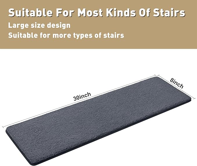 PURE ERA Carpet Stair Treads Ultra Plush 8" X 30" Soft Indoor Stair Protectors Pet-Friendly Non-Slip Skid Resistant Tape Free Washable Reusable(14 Pieces, Dark Gray)
