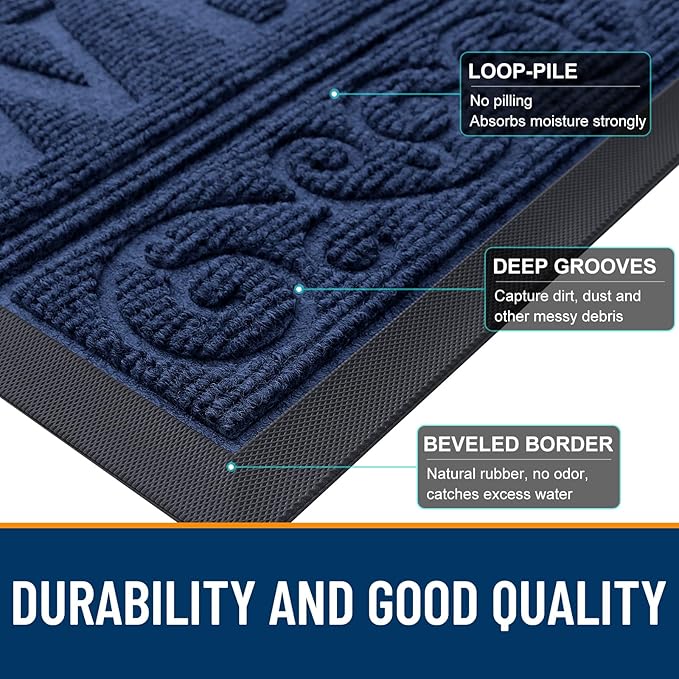 OLANLY Welcome Door Mat Indoor Outdoor Entrance, Heavy Duty Sturdy Front Door Mat, Waterproof All-Weather Doormat, Stain Resistant, Low Profile, Easy Clean Patio Entryway Mat, 36 x 24, Navy Blue