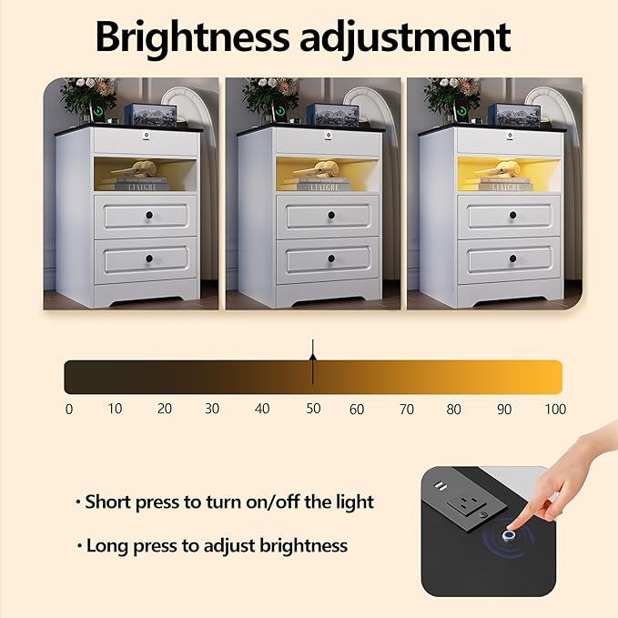 Night Stand with Charging Station,Bedside Table with Gun Drawer,Farmhouse End Table and Nightstand,Small SideTable for Bedroom (White-with Gun Drawer, 1-Pcs)
