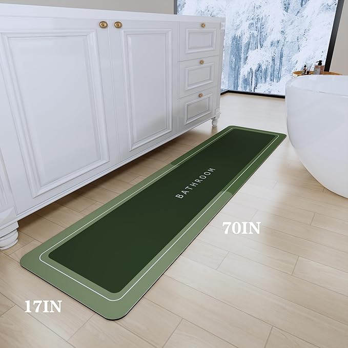 Bath Mat, Super Absorbent Non Slip Quick Dry Thin Rubber Mats for Bathroom Floor, Fit Under Door, Shower Rug for Bathtub, Green