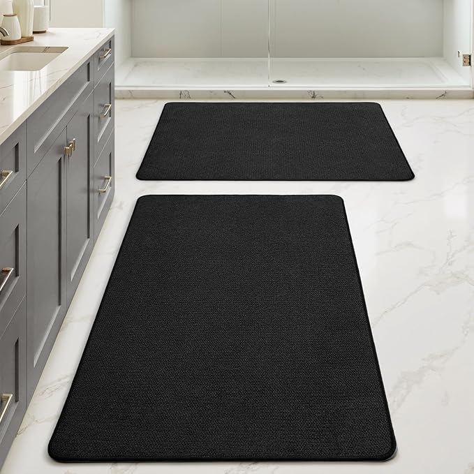 MIULEE Set of 2 Ultra Thin Bathroom Rugs, Rubber Bath Mats for Bathroom Non Slip, Quick Dry Absorbent Bath Rug Machine Washable, Fit Under Door, Shower, Sink, Halloween Home Decor, Black, 24x36 Inch