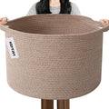 Large Storage Basket with Handle,19.7" L x 19.7" W x 13" H Blanket Basket Storage Bins for Organizing,65L Cotton Rope Woven Baskets for Living Room, Nursery ,Bedroom,Brown