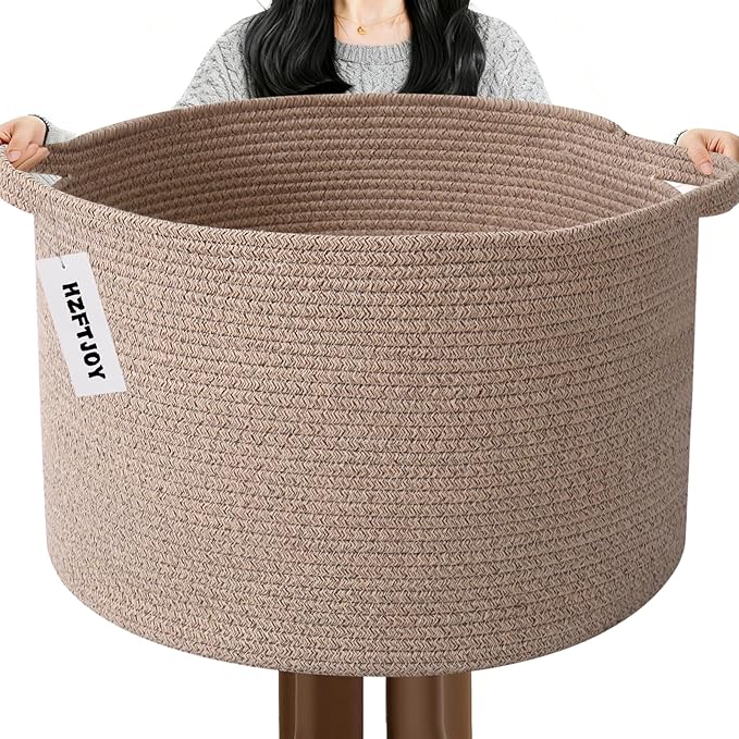 Large Storage Basket with Handle,19.7" L x 19.7" W x 13" H Blanket Basket Storage Bins for Organizing,65L Cotton Rope Woven Baskets for Living Room, Nursery ,Bedroom,Brown