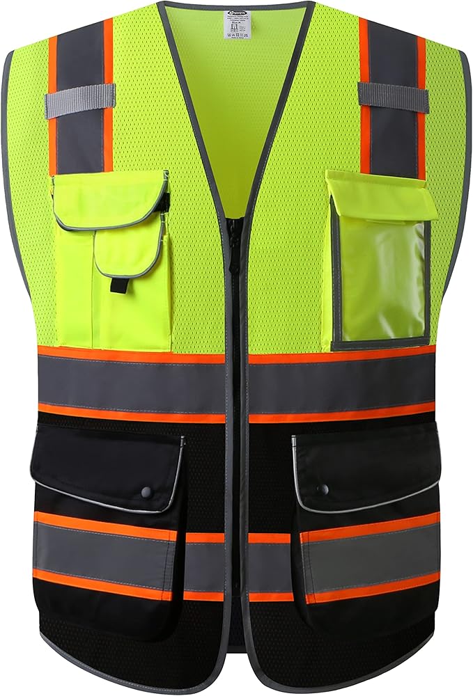 JKSafety 9 Pockets Hi-Vis Fluorescent Color Mesh Reflective Safety Vest for Men Women | Chaleco de seguridad para hombres y mujeres (100-Yellow-Black 5XL)