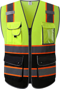 JKSafety 9 Pockets High Visibility Dual Color Zipper Front MESH Lite Safety Vest | Orange Color Triming Reflective Strip | ANSI/ISEA Standards (100-Yellow-Black, M)