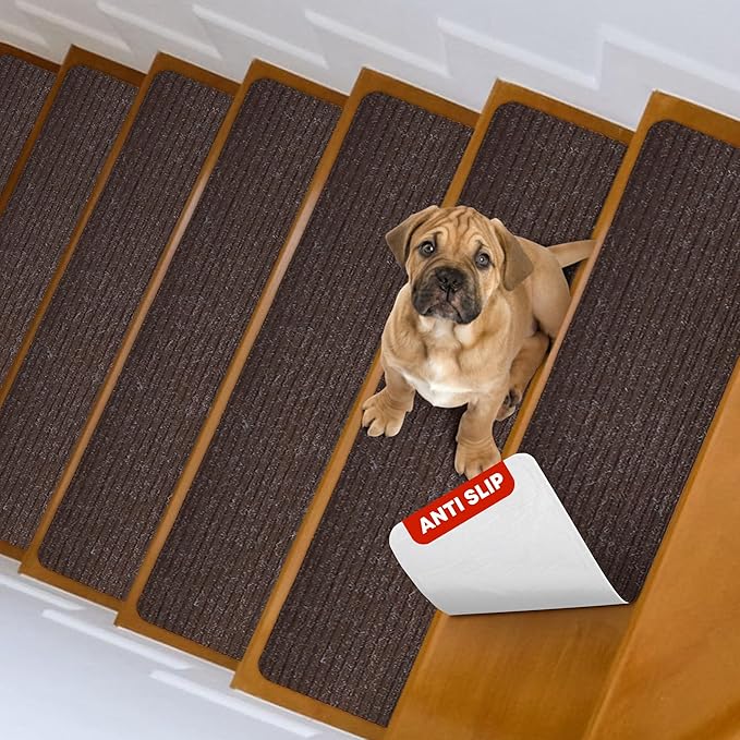 MBIGM 8" X 30" (7 in Pack) Non-Slip Carpet Stair Treads Non-Skid Safety Rug Slip Resistant Indoor Runner for Kids Elders and Pets with Reusable Adhesive - Brown