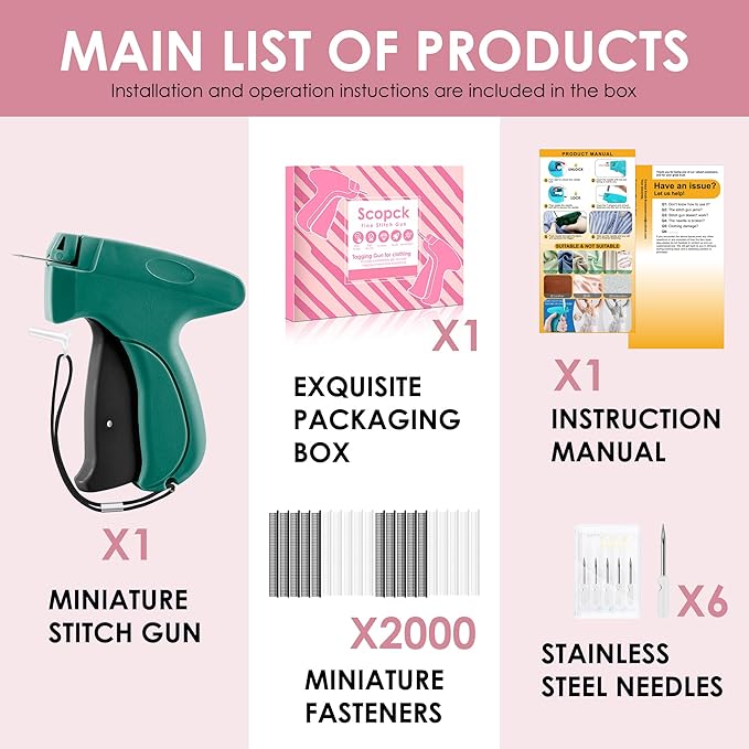 Stitch Gun for Clothes - Handheld Stitch Tag Gun Quick Clothing Fixer - Mini Sewing Kit Micro Tagging Gun - Includes 6 Needle, 1000 Black Fasteners & 1000 White Fasteners (Green-Black)