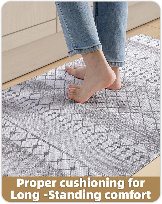 Color&Geometry Kitchen Floor Mats Anti Fatigue, Cushioned Boho Rugs,Waterproof Non Slip Kitchen Runner for Sink, Standing Mats for Office,24"x87",Grey
