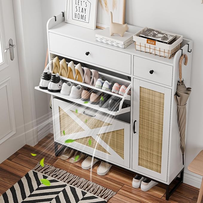Shoe Cabinet with 2 Flip Cabinets & Side Cabinet, Shoes Cabinet with Adjustable Shelves, Shoe Storage Organizer for Entryway, Hallway Living Room, Space-Saving, White