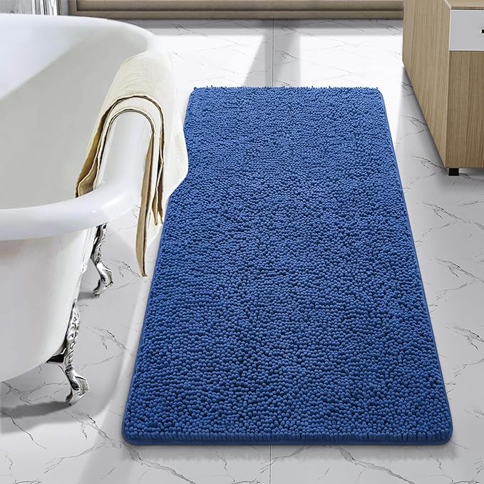 LOCHAS Luxury Bathroom Rug Shaggy Bath Mat 24 x 44 Inch, Washable Non Slip Bath Rugs for Bathroom Shower, Soft Plush Chenille Absorbent Carpets Mats, Blue