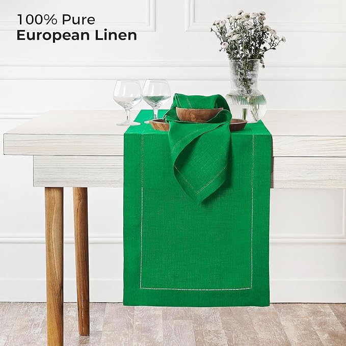 D'Moksha Homes Linen Kelly Green Table Runner 108 Inches Long - 100% Pure Linen 14 x 108 Inch Table Runner for St Patricks Day, Easter - Classic Hemstitch