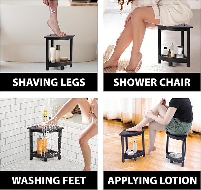 Acacia Wood Corner Shower Stool - Waterproof Triangular Bathroom Bench with Storage Shelf & Soap Dish for Shaving, Black Wood (17.9x12.7x16.5)