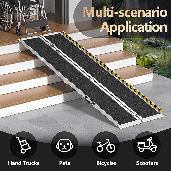 8FT Portable Wheelchair Ramp, Non-Slip Aluminum Folding Handicap Ramp, Ramps for Wheelchairs for Home with Handle, Wheelchair Ramps for Home Steps/Stairs/Threshold/Doorways/Scooter, 600LBS Capacity