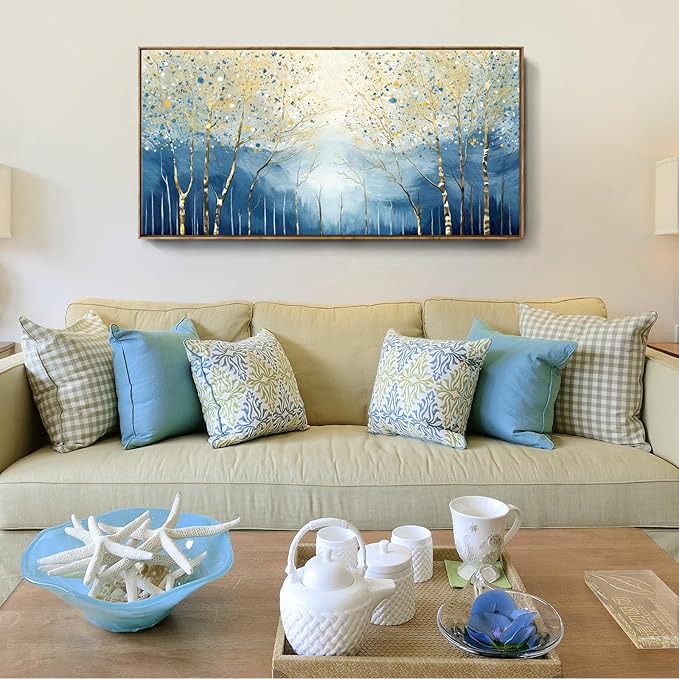 amatop Framed Modern Abstract Nature Wall Art: Large Navy Blue Tree of Life Art Print, Ready-to-Hang for Living Room, Bedroom or Office (48x24 in)