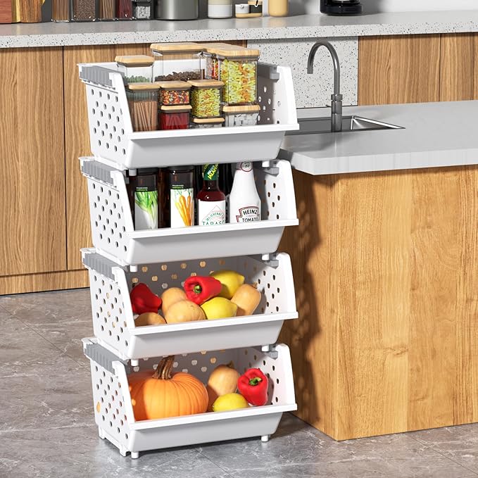 4 Pack Plastic Stacking Basket Organizer, Large Kitchen Open Front Stacking Storage Bins, White