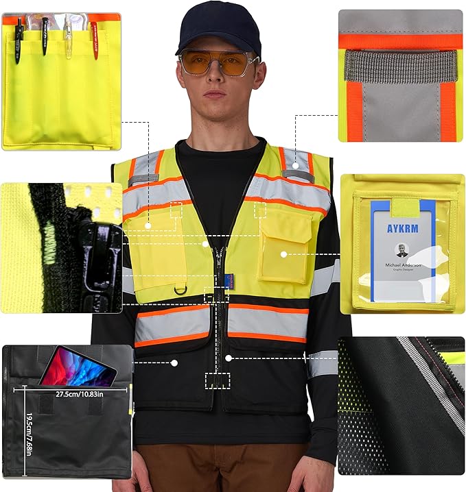 A-SAFETY High Vis Reflective Safety Vest for Men Women Zipper Ipad Pockets Mesh Construction Apparel Neon Vest for Work