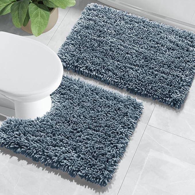 Yimobra Bathroom Rugs Sets 2 Piece, Soft Absorbent Bath Mat and U-Shaped Toilet Rug with Non Slip Backing, Luxury Shaggy Bath Mats for Bathroom, Machine Washable, 24"x17"+24"x20", Light Blue