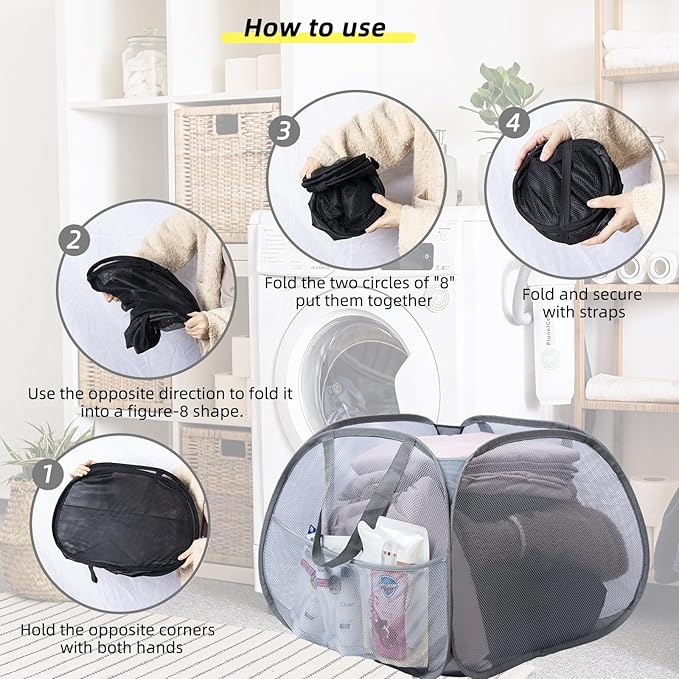 Collapsible Laundry Basket, 90L Foldable Pop Up Laundry Hamper with Handles, Mesh Dirty Clothes Hamper for Laundry, Bathroom, Kids Room, Dorm,Travel or Camping (Gray, 2PCS)