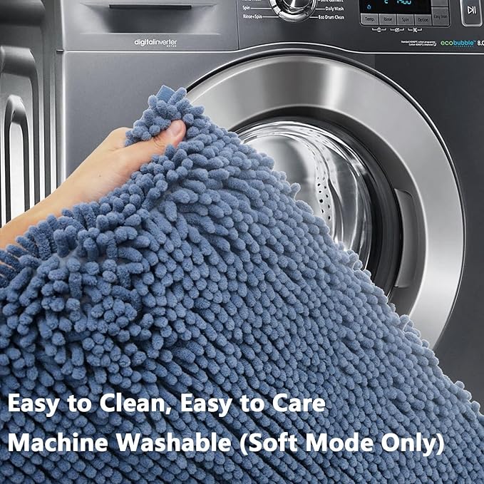 BOANKODU Bathroom Rugs Sets 2 Piece，47X16+16X24Inch，Absorbent Non-Slip Very Soft Chenille Mat,Machine Washable（Fog Blue）
