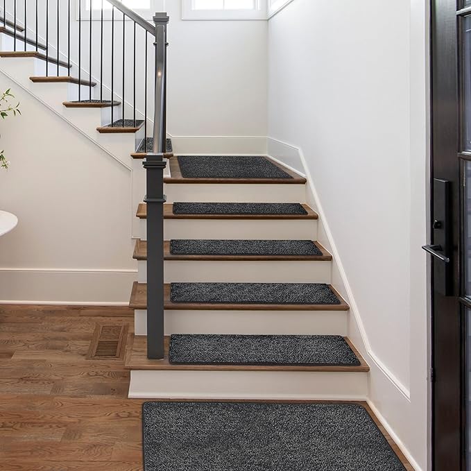 PURE ERA Carpet Stair Treads Tape Free Non Slip Indoor Stair Carpet Stair Protectors Pet-Friendly Non-Slip Skid Resistant Washable Reusable 8" x 30"(14 Pieces,Black)