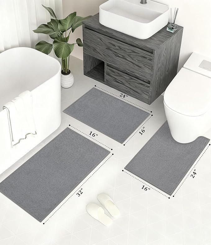 YIHOUSE Bathroom Rugs Mats Sets 3 Pieces Gray, Ultra Thin Bath Mat Absorbent Non Slip Bath Rugs for Bathroom Washable, Shower, Sink, Laundry (Gray, 3 Pieces)