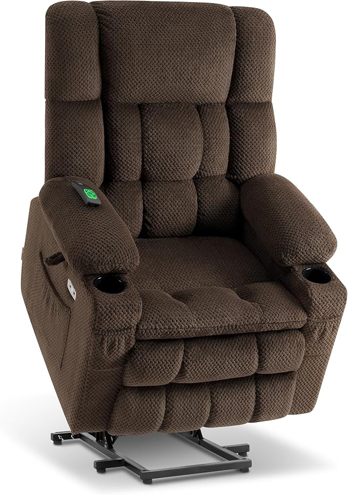 MCombo Dual Motor Large Power Lift Recliner Chair for Elderly, Lay Flat Lift Chair with Heat and Massage, Big Lift Recliner for Tall People, Cup Holders, Fabric 7896 (Large, Mocha)