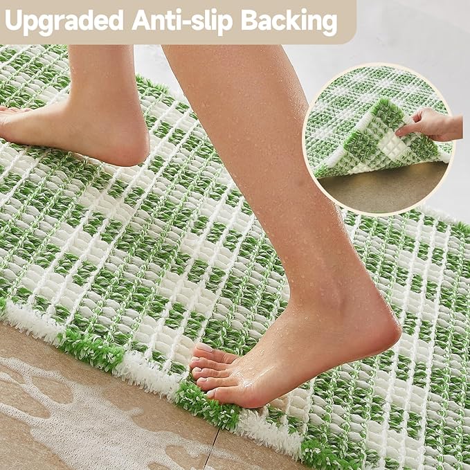 Waffle Bath Mat, Boho Bathroom Rugs Non Slip Washable Absorbent Checkered Bathroom Mat Quick Dry Cute Christmas Bath Mat, 30"x20" Green and White