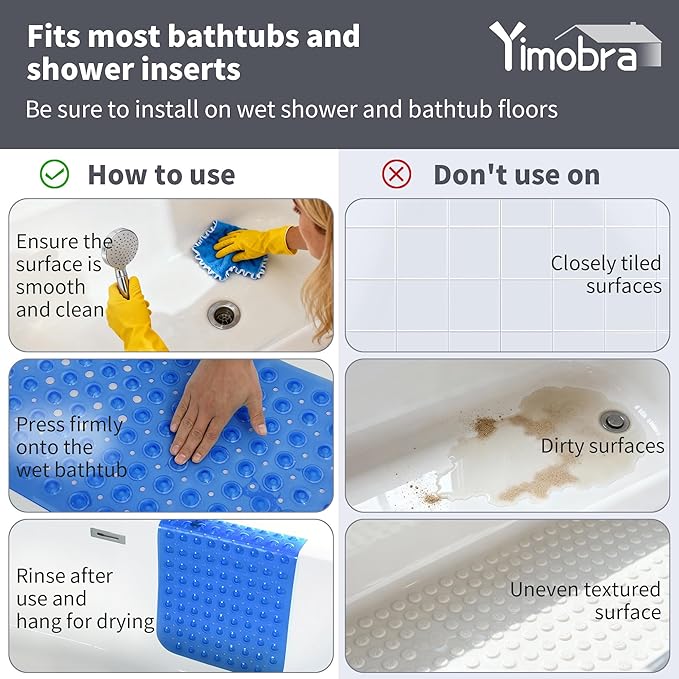 Yimobra Non Slip Bathtub Mat 40 x 16 Inch, Extra Long Shower Mat with Drain Holes, Machine Washable Baby Bath Mats, Strong Suction Cups for Bathroom Floor, Clear Navy Blue