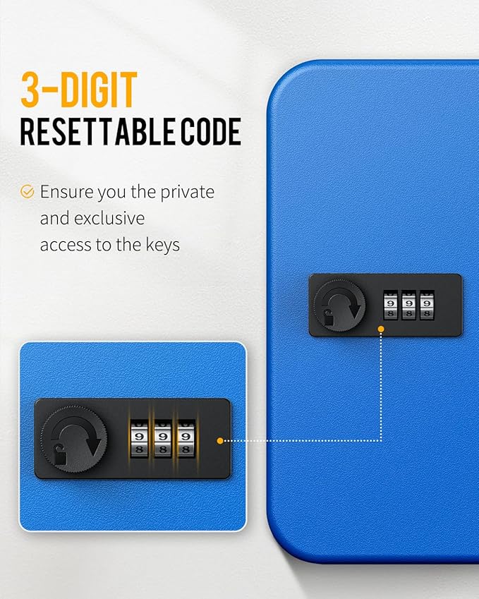 Uniclife 28 Keys Steel Key Cabinet with Resettable Code Blue Wall Mounted Key Organizer with Combination Lock Digital Security Box with Hooks and Large Key Tag Labels Identifiers in 5 Assorted Colors