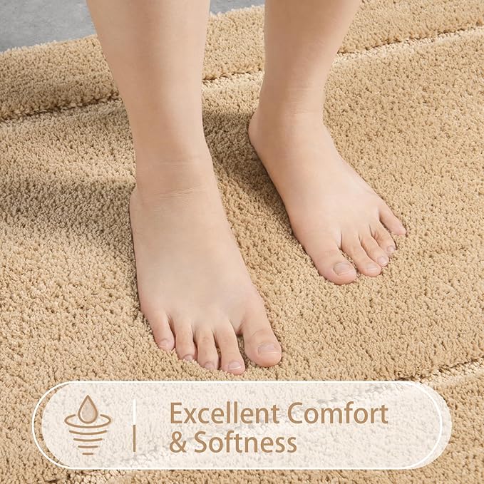 LOCHAS Bathroom Rug Set Beige, Soft Bath Rug Set 2 Piece, Toilet Mat U-Shaped 20x20 and 24x48 Bath Rugs, Quickly Dry Mats for Bathroom, Tub, Washable, Super Absorbent Floor Mat
