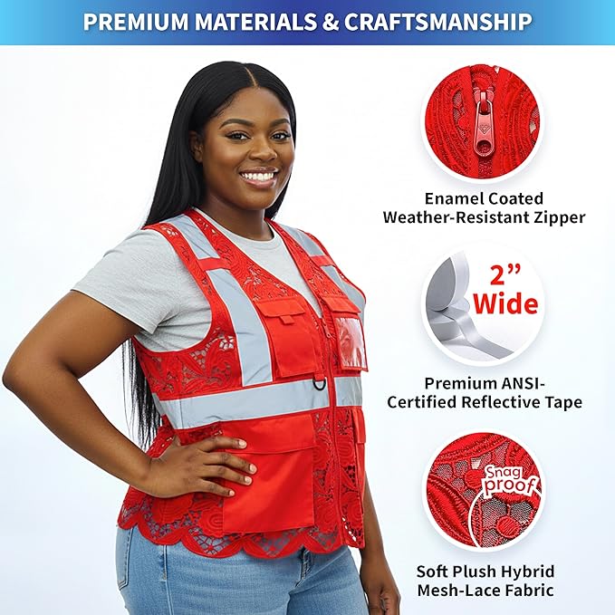 Lace-Mesh Safety Vest for Women & Men - Breathable, High Visibility Vest with Zipper & ANSI Class 2 Reflective Strips