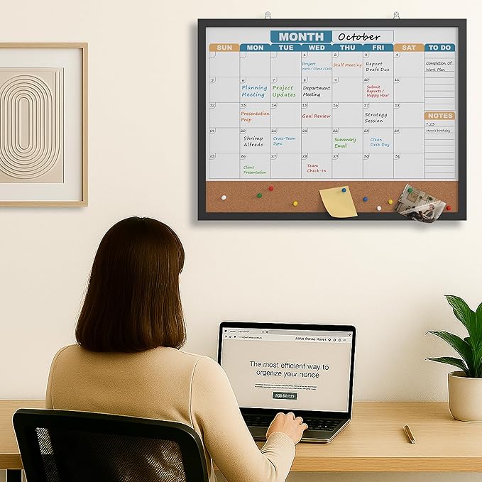 Monthly Calendar Dry Erase Board 24x18 Inch, Double-Sided Whiteboard and Corkboard Combo with Black MDF Frame (Color Calendar), Wall Mounted Planner with Marker, Magnet, Push Pin, Eraser