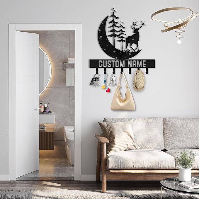 Personalized Key Holder for Wall | Key Organizer for Wall Mount | Custom Deer Forest Theme Key Hooks Coat Rack | Christmas Housewarming Gifts | Key Hanger Wall Decor for Living Room Doorway