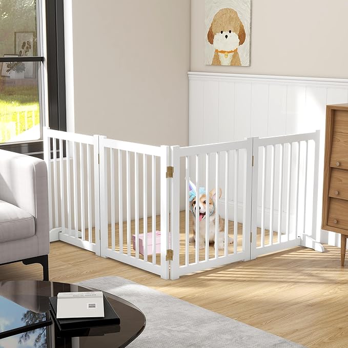 Solid Wood Freestanding Pet Gate - 4 Panels 24" - Folding Safety Fence with 2 Support Feet - Ideal for Stairs, Doorways, Halls, Kitchens - Indoor Wooden Dog Gate - White Color