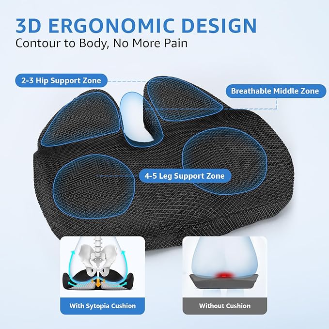Sytopia Extra Large Office Chair Cushion, 19" x 17" Ergonomic Memory Foam Seat Cushion, Pressure Relief for Tailbone Pain, Sciatica & Hip Pain, Booster Pad for Sitting & Driving, Extra Cover (Black)