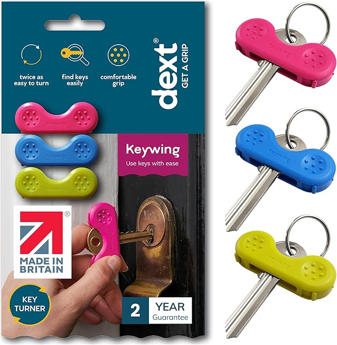 Dext - Keywing Key Turner Aid for People with Arthritis, Parkinson’s, and More, Comfortable and Secure Grip for Weak Hands, Lightweight, Durable, Click-On Design, Suitable for Flat Keys (Multipack, 3)