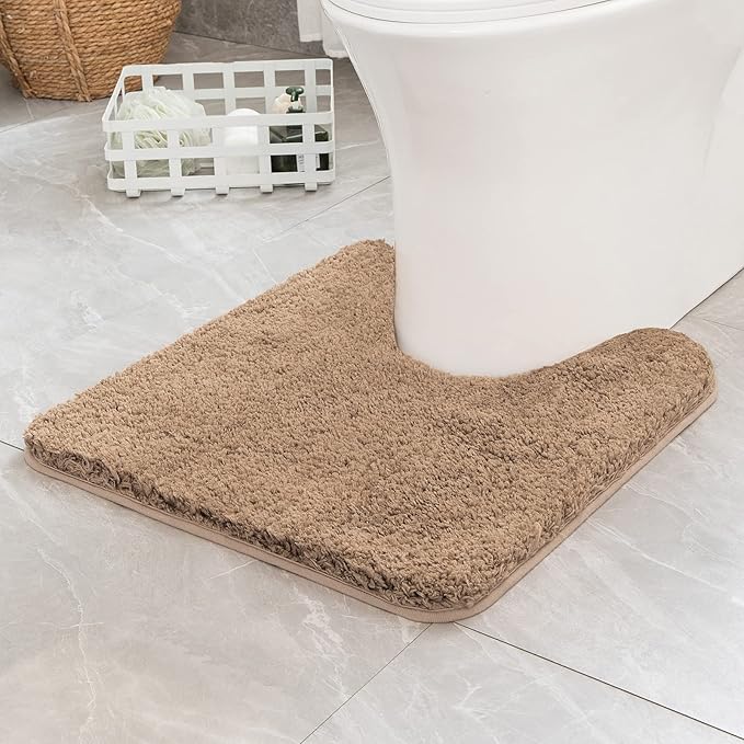 MIULEE Microfiber Toilet Bath Mat U-Shaped Contour Shaggy Bathroom Rugs Non Slip Extra Thick Soft Bath Rug Absorbent Water for Bathroom Commode Machine Washable(20x20 Inch, Light Brown)