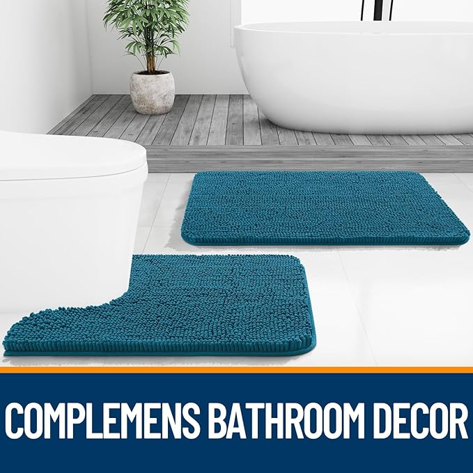 OLANLY Bathroom Rugs Sets 2 Piece, Soft Absorbent Chenille Bath Mats and U-Shaped Contour Toilet Mat Area Rug Set, Machine Washable Bath Carpet, Home Decor Accessories(30"x20"+24"x20", Peacock Blue)