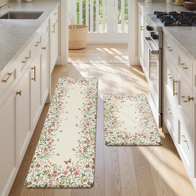 KIMODE Anti Fatigue Mats for Kitchen Floor, Farmhouse Kitchen Rugs Sets of 2, Non Slip Kitchen Mats for Floor, Cushioned Standing Mat for Sink Laundry Office Desk Beige 17"x59"+17"x29"