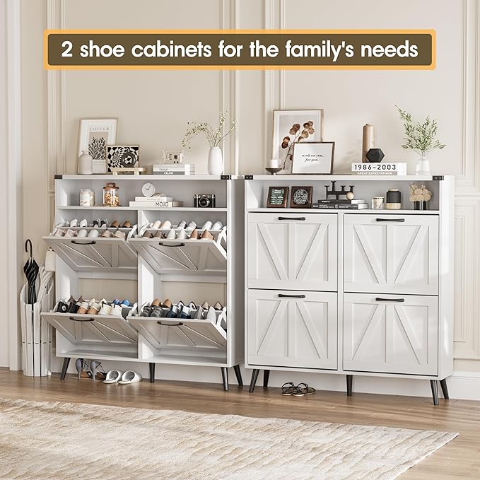Shoe Cabinet with 4 Flip Drawers,Farmhouse Shoe Storage Cabinet for Entryway,Narrow Freestanding Organizer Rack with Open Shelves for Foyer,Hallway,White