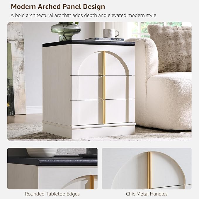 ACCOHOHO Modern Night Stand Set 2 with Arched Panel, 18" Nightstand with Charging Station, Side Table with 3 Storage Drawers, Wood Square Bedside End Table for Bedroom Living Room, White