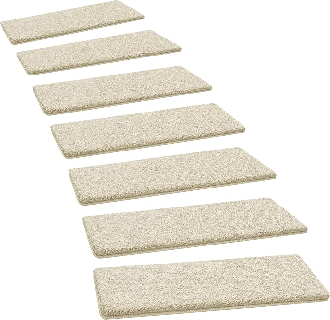 PURE ERA Carpet Stair Treads Ultra Plush 8" X 30" Soft Indoor Stair Protectors Pet-Friendly Non-Slip Skid Resistant Tape Free Washable Reusable (2 Pieces, Beige)