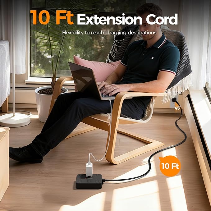 TESSAN 10Ft Black Extension Cord with Multiple Outlets, Flat Plug Surge Protector Power Strip with 6 Outlets and 4 USB Ports (2 USB C), PD 20W Fast Charger, 2100J Protection, for Home, Office, Dorm